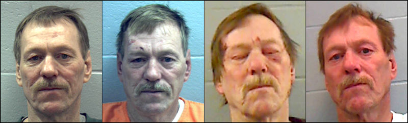 Michael L. "Mike" Brewer appears in mugshots (from left) after his sentencing for a bail violation in May 2008, after an arrest for refusing to submit to arrest or detention - physical force in September 2010, after an arrest on the same charge in January of this year, and after his most recent arrest for an alleged bail violation in May. Brewer has the "longest criminal record in Lincoln County," including a 1988 conviction for attempting to commit murder, according to a prosecutor.