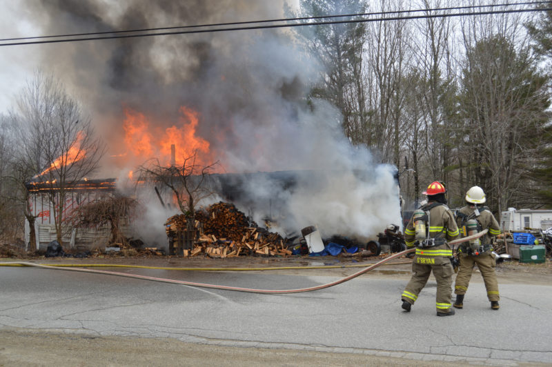 Area firefighters respond to a house fire on Lessner Road in Damariscotta on Thursday, April 7. A malfunction of a monitor heater in the home is believed to have started the fire, Damariscotta Fire Chief John Roberts said. (Maia Zewert photo)