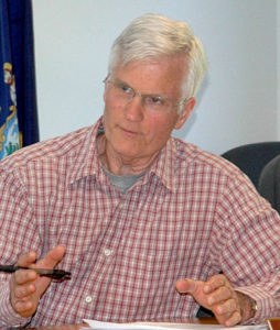 Waldoboro Selectman Bob Butler speaks in favor of a special town meeting to address the budgets for the town manager’s office and the fire department. (Alexander Violo photo)