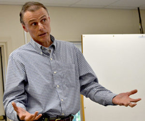 Maine Department of Transportation Project Manager Deane Van Dusen speaks during a meeting Monday, June 6 about the department’s plans to place a conservation easement on more than 130 acres around Sherman Marsh. (Maia Zewert photo)