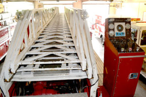 The ladder and control panel on the Wiscasset Fire Department’s ladder truck on June 29. (Abigail Adams photo)