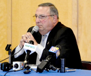 Gov. Paul LePage addresses a small audience during a town hall-style meeting at Boothbay Region Elementary School in Boothbay Harbor on Wednesday, July 6. (Abigail Adams photo)