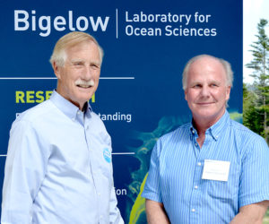 U.S. Sen. Angus King (left) stands with Bigelow Laboratory for Ocean Sciences Executive Director Graham Shimmield during the lab's open house Friday, July 15. (Haley Bascom photo)