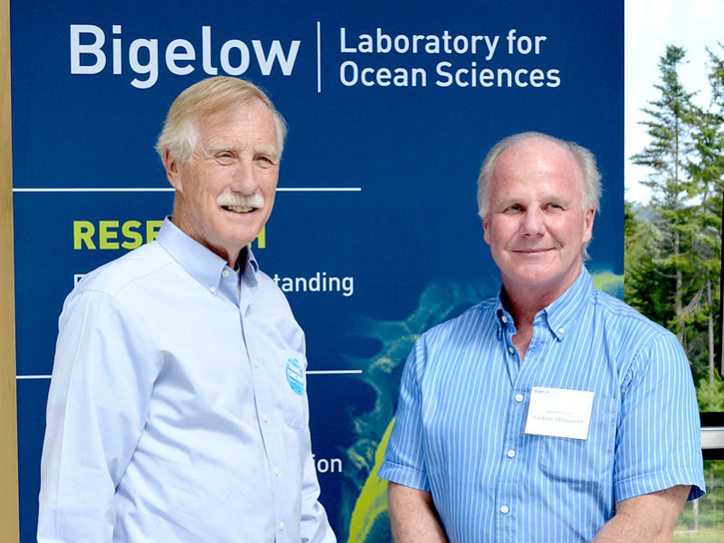 U.S. Sen. Angus King (left) stands with Bigelow Laboratory for Ocean Sciences Executive Director Graham Shimmield during the lab's open house Friday, July 15. (Haley Bascom photo)