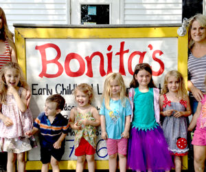 Kristin Morgner (far left) and Kira Gallant (far right) with some of the children from the "radishes" classroom at Bonita's Early Childhood Learning Center in Damariscotta. Gallant is the new owner of the business as of July 1; Morgner, the previous owner, will leave in mid-August for Pennsylvania. (J.W. Oliver photo)