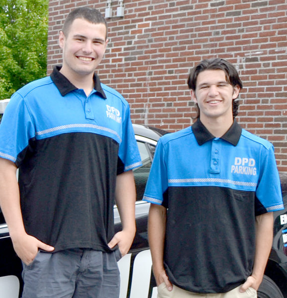 From left: Westleigh Munroe, of Whitefield, and Gabe Solorzano, of Jefferson, have joined the Damariscotta Police Department as parking enforcement officers for the summer. (Maia Zewert photo)