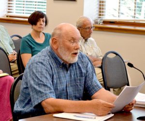 Stepping Stone Housing Inc. board member Bill Hain updates the Damariscotta Planning Board on the nonprofit's plans for the former Blue Haven property Monday, July 11. (Maia Zewert photo)