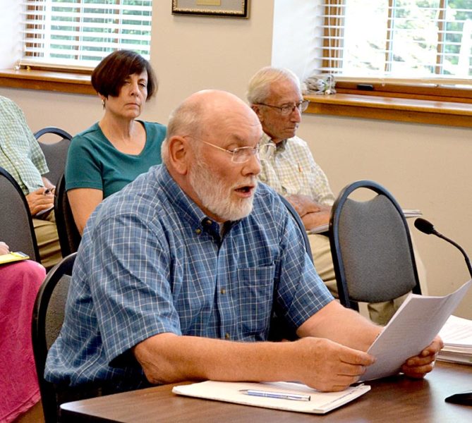 Stepping Stone Housing Inc. board member Bill Hain updates the Damariscotta Planning Board on the nonprofit's plans for the former Blue Haven property Monday, July 11. (Maia Zewert photo)