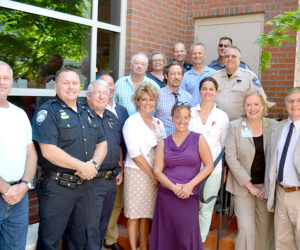 Officials from every law enforcement agency in Lincoln County, as well as LincolnHealth, the Mid Coast Hospital Addiction Resource Center, and the CLC YMCA, gathered to sign a memorandum of understanding in Damariscotta on Friday, July 15. The ceremony officially launched the Lincoln County Recovery Collaborative, an outreach and treatment program for heroin and opioid addicts. (Abigail Adams photo)