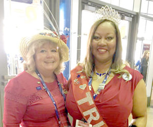 Barbara Campbell Harvey (left) reunites with Linda Lee Traver, a National Federation of Republican Women cohort from Michigan, on the opening day of the Republican National Convention in Cleveland on July 18. (Photo courtesy Barbara Campbell Harvey)