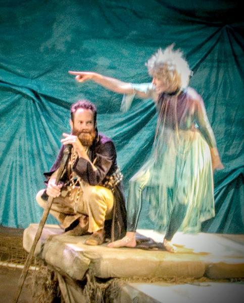 Prospero (Steven Shema) and Ariel (Helena Farhi) plot to regain Prospero's stolen dukedom and free him from his island prison. (Eleanor Cade Busby photo)