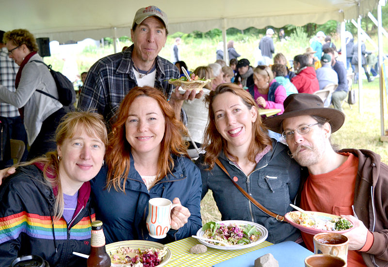 Front from left: artists Chloe Marr-Fuller, Debra Fleury, Angel Cunningham, and Eric Schwarzenbach, and (rear) Wayne Fuerst made the trip from Massachusetts to attend Salad Days. Fuerst created some of the striking ceramic beer steins on offer at the event's beer tent. (Christine LaPado-Breglia photo)