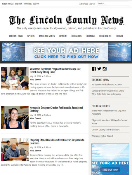 A screenshot of the new Lincoln County News website at lcnme.com.