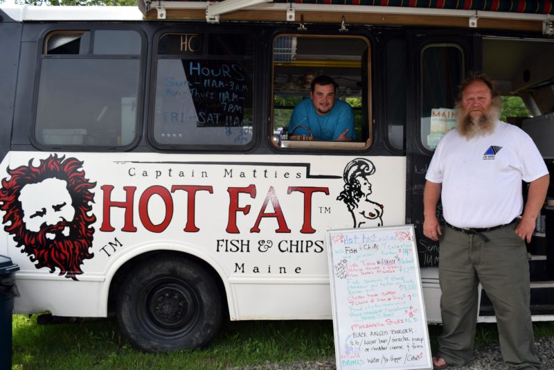 Justin Barker (left) and Matthew "Captain Mattie" Thomson make up the team behind Captain Mattie's Hot Fat Fish & Chips, a new food truck on Route 1 in Waldoboro. (J.W. Oliver photo)