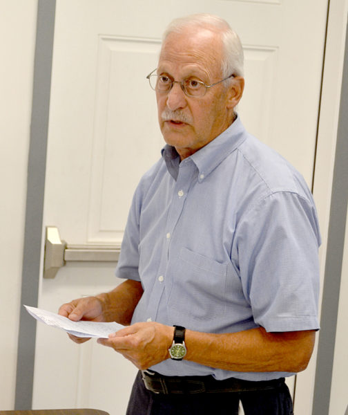 Jim Hebert, of Black Diamond Consultants, presents an application for the construction of a U.S. Cellular  cellphone tower on Townhouse Road to the Whitefield Planning Board on Wednesday, July 20. (Abigail Adams photo)