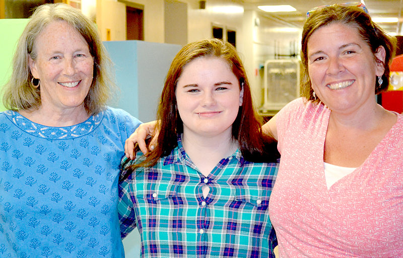 From left: Lucy Moses, Kayla Torgersen, and Kim Andersson in Wiscasset on Tuesday, July 19. Torgersen will return to the Wiscasset Middle High School as a senior on course to graduate with the class of 2017, due to the school's ACT program. (Abigail Adams photo)