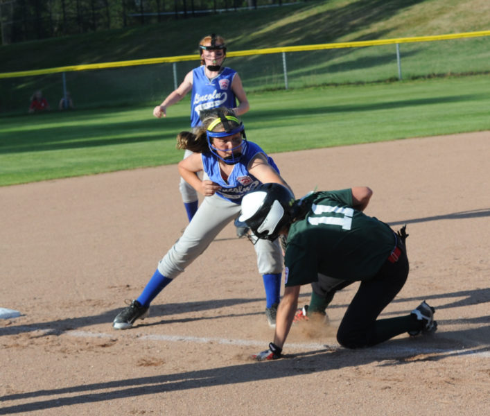 Maddy York tags out Scots base runner Emma Burnham after catching her in a pickle between third and home. (Paula Roberts photo)