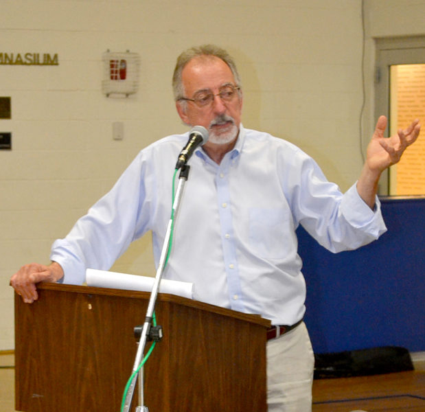 Maine Department of Transportation project engineer Steve Sawyer responds to a peer review of the Route 27 corridor improvement plan at the Boothbay Board of Selectmen's meeting at the Boothbay Region YMCA on Aug. 10. (Abigail Adams photo)
