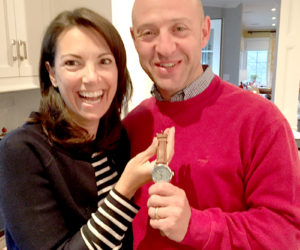 Jansyn and Michael Tropea hold Michael's watch. A Bremen man found the watch and returned it to him nine months after it fell off his in-laws' car in Bremen. (Photo courtesy JoAnna McKinney)