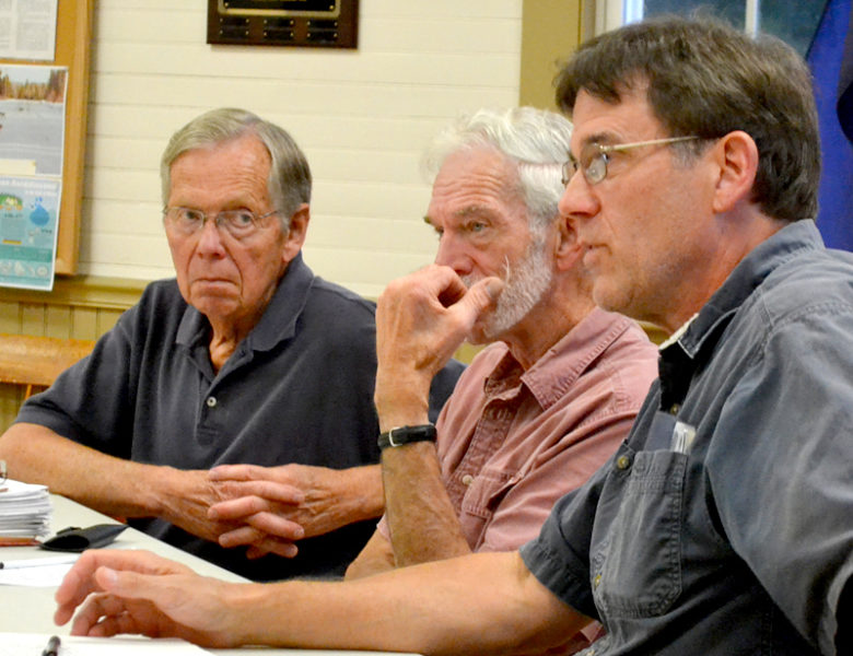 From left: Bristol Selectmen Harry Lowd and Paul Yates look on as Chairman Chad Hanna speaks during a meeting in the Bristol town office on Wednesday, Aug. 24. (Maia Zewert photo)