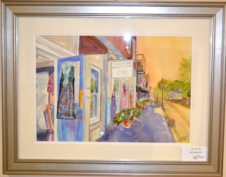 "Two Fish," Kathleen Horst's watercolor of the Two Fish boutique in downtown Damariscotta. (Christine LaPado-Breglia photo)