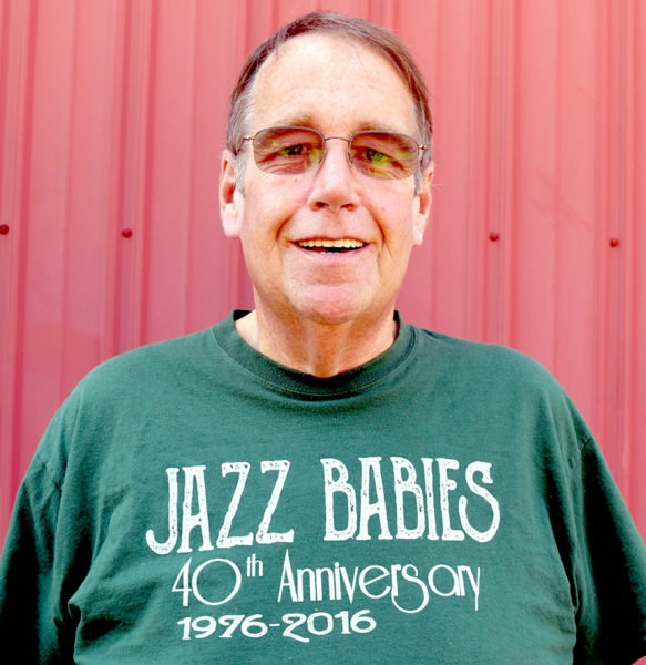 Dave Page wears a T-shirt commemorating the 40th anniversary of the Jazz Babies. The band will perform a benefit concert for Lincoln Academy at the Lincoln Theater in Damariscotta on Thursday, Aug. 18. (J.W. Oliver photo)