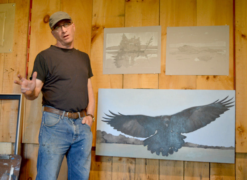 Bar Harbor painter Robert Pollien explains his process in the barn studio he occupied as a July artist-in-residence at the Joseph A. Fiore Art Center in Jefferson. (Christine LaPado-Breglia photo)