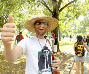 Boothbay Harbor Democratic Committee Chairman Brian Papineau gives a thumbs-up during protests of the Democratic National Convention in Philadelphia the last week of July. (Photo courtesy Brian Papineau)