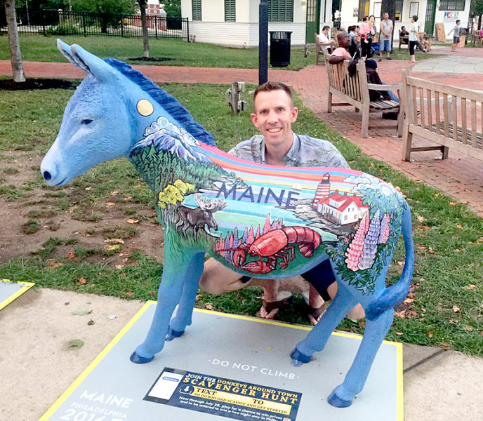 Maine Democratic Party Chairman Phil Bartlett poses with Maine's donkey at the Democratic National Convention in Philadelphia the last week of July. (Photo courtesy Maine Democratic Party)