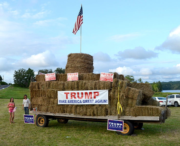 A Trump Tower of hay bales greets attendees of the Lincoln County Republican Committee's pig roast at Norman Hunt's property in Newcastle on Saturday, Aug. 20. (Maia Zewert photo)