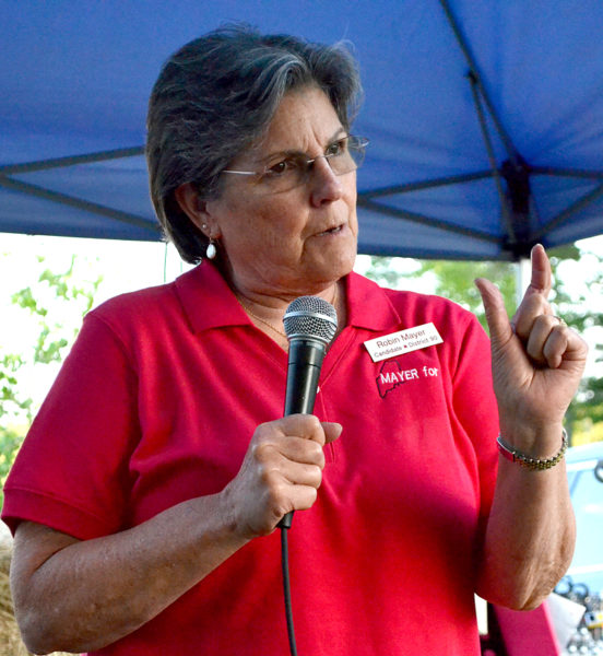 House District 90 candidate Robin Mayer, R-Damariscotta, talks about the importance of representing all residents of a district during the Lincoln County Republican Committee pig roast in Newcastle on Saturday, Aug. 20. (Maia Zewert photo)