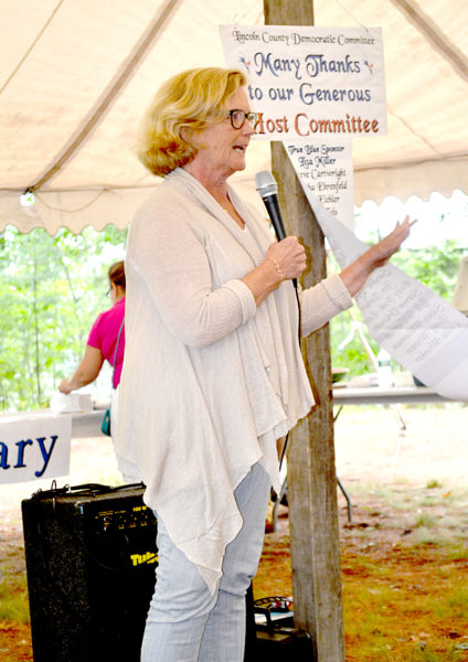 U.S. Rep. Chellie Pingree speaks to Democratic candidates and supporters during the Lincoln County Democratic Committee's annual lobster bake on Saturday, Aug. 13. (Abigail Adams photo)
