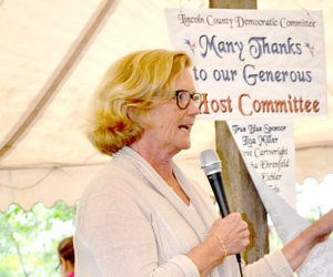 U.S. Rep. Chellie Pingree speaks to Democratic candidates and supporters during the Lincoln County Democratic Committee's annual lobster bake on Saturday, Aug. 13. (Abigail Adams photo)