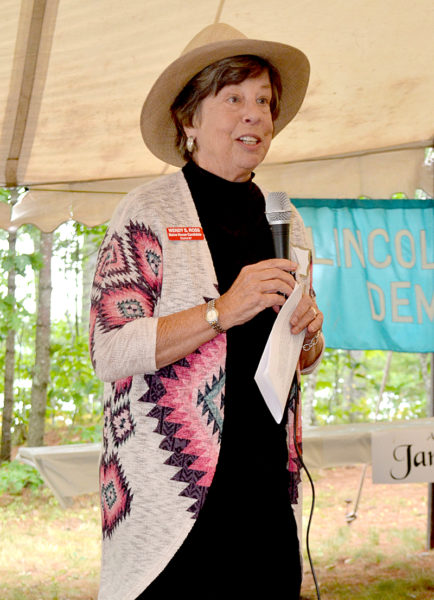 Wendy Ross speaks about her campaign to unseat incumbent District 87 Rep. Jeff Hanley, R-Pittston, during the Lincoln County Democratic Committee's annual lobster bake Saturday, Aug. 13. (Abigail Adams photo)