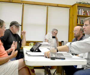 The Westport Island Time Warner Cable Contract Negotiation Committee meets at the town office Monday, Aug. 1. From left: Joe Donahue, Chairman Ross Norton, First Selectman George Richardson Jr., Jack Swanton, and Jason Kates. (Charlotte Boynton Photo)