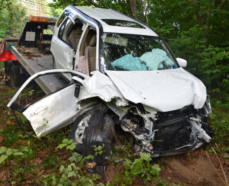 Extrication was needed to remove one of the occupants of this Honda SUV, following a two-car collision on Gardiner Road in Wiscasset at about 5 p.m. Friday, Aug. 12. (Abigail Adams photo)