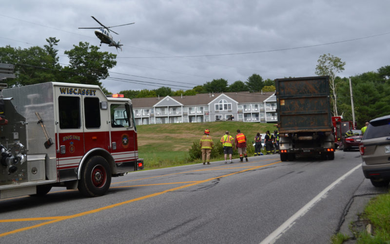 LifeFlight arrives at the scene of a trailer versus car accident on Route 27 in Edgecomb that seriously injured a Massachussets woman the afternoon of Wednesday, Aug. 17. (Abigail Adams photo)