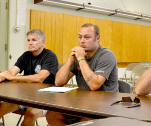 From left: Wiscasset Assistant Fire Chief Chris Cossette, Wiscasset Fire Department Safety Officer Tim Merry, Fire Chief T.J. Merry, and Assistant Fire Chief Nick Merry meet with the Wiscasset Board of Selectmen on Tuesday, Aug. 9 to discuss a potential resolution to a rift between firefighters and the selectmen and town administration. (Abigail Adams photo)