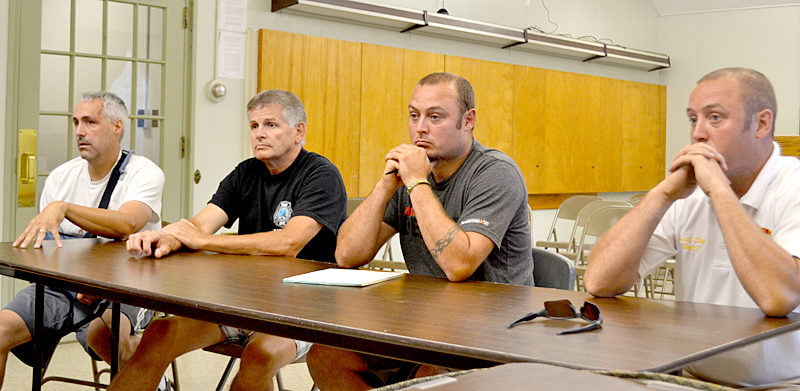 From left: Wiscasset Assistant Fire Chief Chris Cossette, Wiscasset Fire Department Safety Officer Tim Merry, Fire Chief T.J. Merry, and Assistant Fire Chief Nick Merry meet with the Wiscasset Board of Selectmen on Tuesday, Aug. 9 to discuss a potential resolution to a rift between firefighters and the selectmen and town administration. (Abigail Adams photo)
