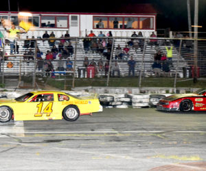 Late Model Sportsman winners at Wiscasset Speedway Aug. 20: Dave St. Clair (left), of Liberty, first place, #14; and Nick Hinckley, of Wiscasset, second place, #15. (Photo courtesy Mary and Peter Taylor/petespicks.smugmug.com)