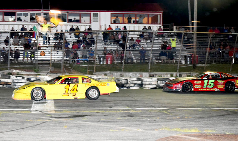 Late Model Sportsman winners at Wiscasset Speedway Aug. 20: Dave St. Clair (left), of Liberty, first place, #14; and Nick Hinckley, of Wiscasset, second place, #15. (Photo courtesy Mary and Peter Taylor/petespicks.smugmug.com)