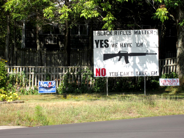 Town and business leaders in Boothbay Harbor have fielded complaints of racism since longtime resident Linc Sample posted a sign advocating for the rights of gun owners on Townsend Avenue. (Beth Brogan photo/Bangor Daily News)