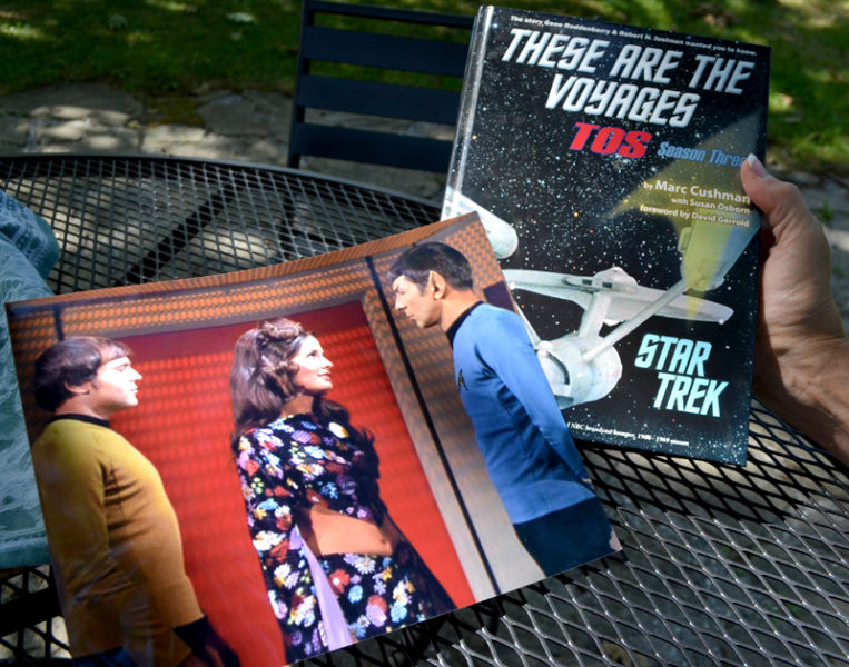 A photo (left) depicts Mary Linda Rapelye in a scene from "Star Trek: The Original Series" with Walter Koenig (left) and the late Leonard Nimoy. Rapelye, of Boothbay, is also included in the book series "These Are The Voyages: TOS," which details every episode in the show's three seasons. (Maia Zewert photo)