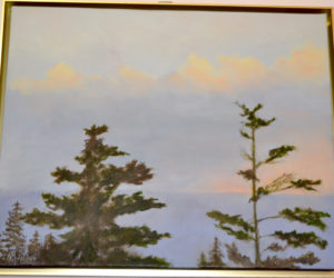 Bev Walker's serene oil painting titled "Popcorn Clouds" is one of four large oils by the Chamberlain resident hanging at Pemaquid Art Gallery. (Christine LaPado-Breglia photo)