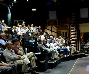 Lincoln Academy Head of School David Sturdevant speaks during the school's first town hall-style meeting in Parker B. Poe Theater on Wednesday, Sept. 21. (Maia Zewert photo)