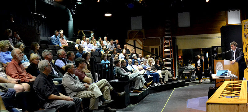 Lincoln Academy Head of School David Sturdevant speaks during the school's first town hall-style meeting in Parker B. Poe Theater on Wednesday, Sept. 21. (Maia Zewert photo)