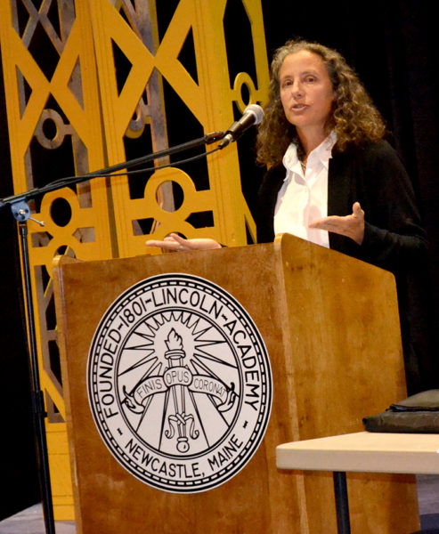 Lincoln Academy Director of Counseling and Studies Sarah Wills-Viega discusses the school's programs during the LA Town Hall on Wednesday, Sept. 21. (Maia Zewert photo)