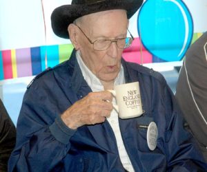 Woody Verge, of Waldoboro, enjoys a cup of coffee during his 100th birthday breakfast at Moody's Diner. (Alexander Violo photo)