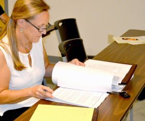 Town attorney Mary Denison reviews U.S Cellular's application for a cellphone tower on Townhouse Road during a Whitefield Planning Board meeting Wednesday, Sept. 14. (Abigail Adams photo)