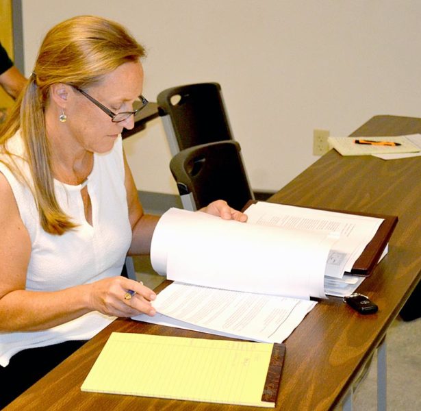 Town attorney Mary Denison reviews U.S Cellular's application for a cellphone tower on Townhouse Road during a Whitefield Planning Board meeting Wednesday, Sept. 14. (Abigail Adams photo)